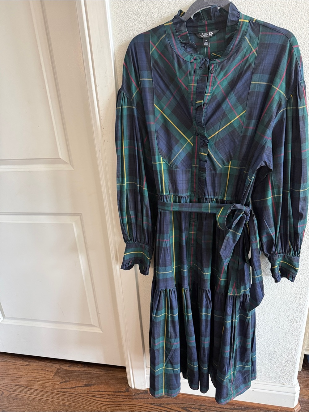 Lauren Ralph Lauren Navy and Green Plaid Midi Shirt Dress